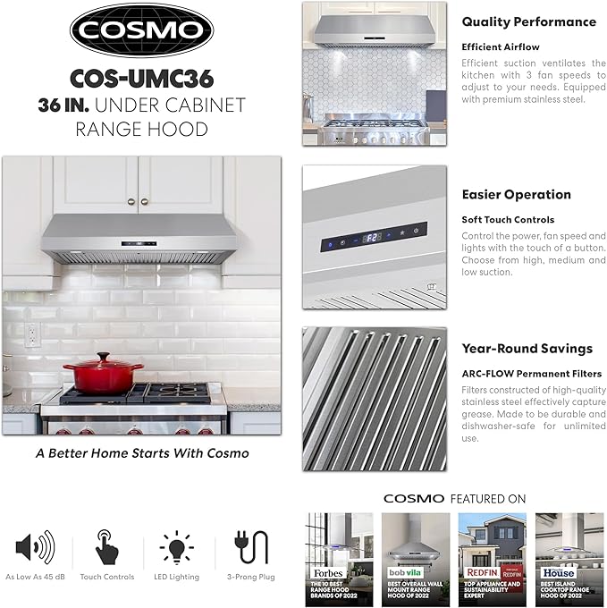 COSMO UMC36 36 in. Haven Collection 380 CFM Ducted Under Cabinet Range Hood, LED Lights, Touch Controls, Stainless Steel