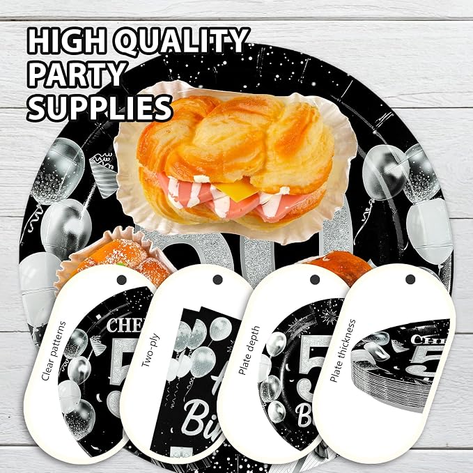 96Pcs 50th Black and Silver Birthday Party Supplies Cheers to 50 Years Party Plates and Napkins Disposable Happy 50th Birthday Tableware Set for Women Men 50 Years Old Decorations Serves 24