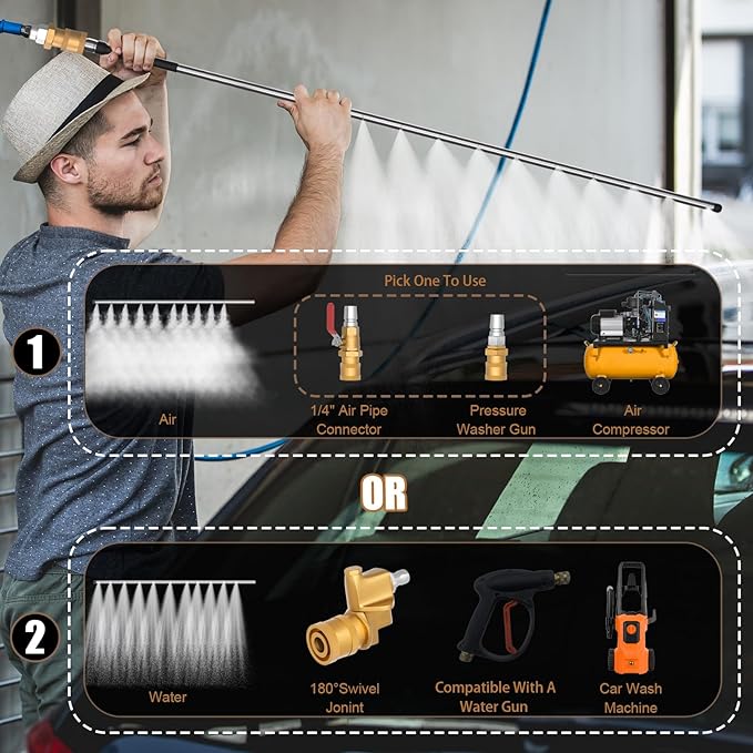 24" Radiator Cleaning Wand & Flush Tool for Cars, Trucks & RVs – Compact Radiator Fin Cleaner with Dual Water/Air Flush, 4500 PSI Stainless Steel Nozzle, Quick-Connect
