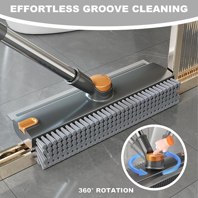 360° Rotatable Floor Scrub Brush - 55 Inch Adjustable Long Handle 2in1 Scrub Squeegee Hidden Hair Catcher V-Type Gap Cleaner for Bathroom Kitchen Patio (Gray)