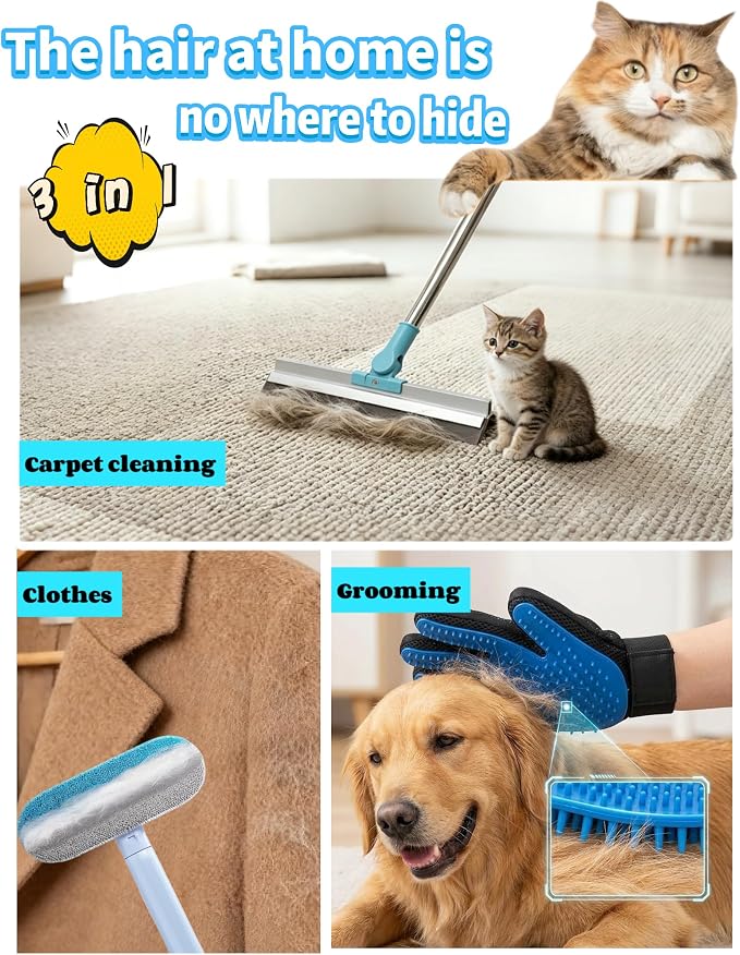 SUREMAX 3-in-1 Pet Hair Remover Set, Carpet Rake for Pet Hair with 54" Extendable Handle, Pet Grooming Glove & Lint Brush for Dogs Cats, Hair Removal Broom for Carpets, Rugs, Couch, Clothes, Furniture