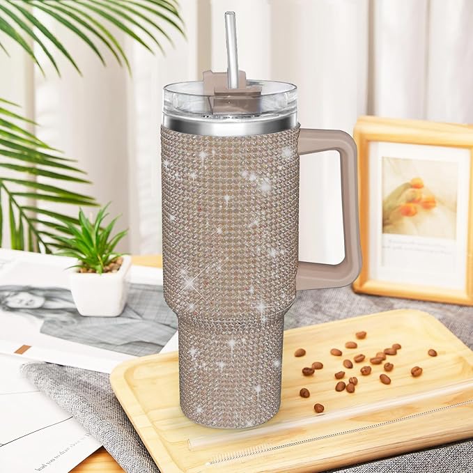 HWISDMIG 40oz Tumbler with Handle-Glitter Rhinestones Tumbler Bling Cups Stainless Steel Water Bottle Diamond Studded Tumbler for Women-Birthday Gifts for Women, Mom, Girlfriend (Brown)