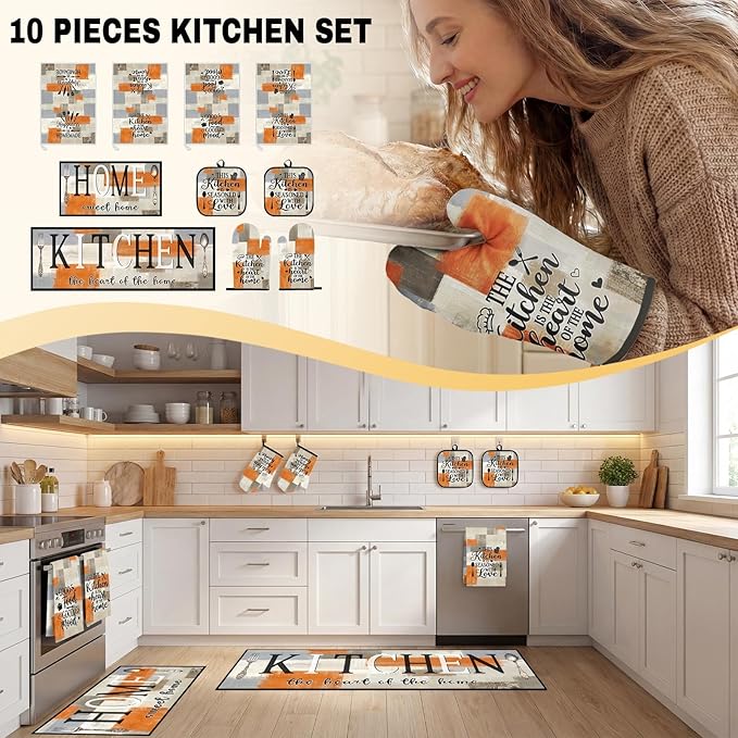 10 Pcs Orange Beige Kitchen Decor and Accessories Set, 4 Dish Towels Kitchen Rugs 2 Oven Mitts 2 Pot Holders, Home Decor for Cooking Baking BBQ Gifts Women Mom Housewarming