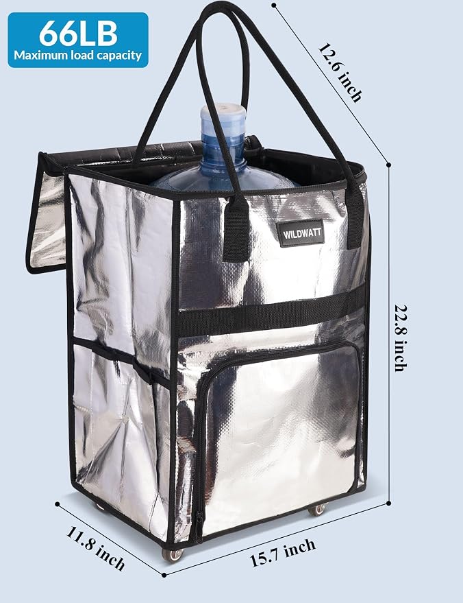 Reusable Rolling Shopping Bag with 5 Wheels, Foldable Grocery Cart Tote with Zipper, Lightweight Heavy-Duty Carry Bag Holds up to 66 lbs for Groceries, Laundry, Camping, Moving, Silver