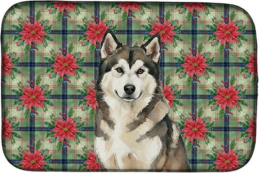 Caroline's Treasures Sable and White Alaskan Malamute Christmas Poinsettas Dish Drying Mat Absorbent Dish Drying Mat Pad for Kitchen Counter Dish Drainer Mat for Countertop, 14 x 21", Multicolor