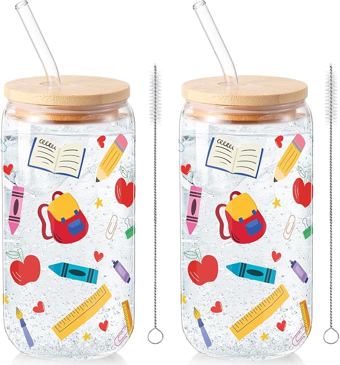Sliner 2 Pcs Teacher Glass Cups End of Year Appreciation Gifts Graduation Drinking Glasses 16 oz Reusable Iced Coffee Tumbler with Lid Straw for Student Home Office Classroom Party Supplies