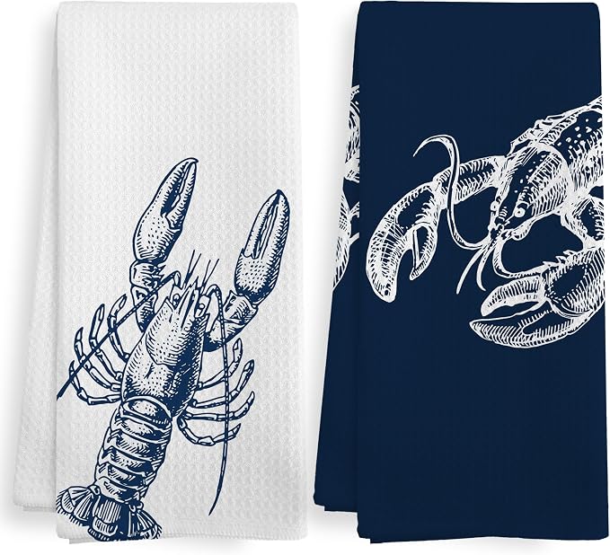 Coastal Lobster Crayfish Beach Decor Dish Hand Tea Towels for Bathroom Kitchen, Lobster Ocean Beachy East Coast Bathroom Decor Gifts, Nautical Kitchen Towels and Dishcloths Sets of 2, 16x24in