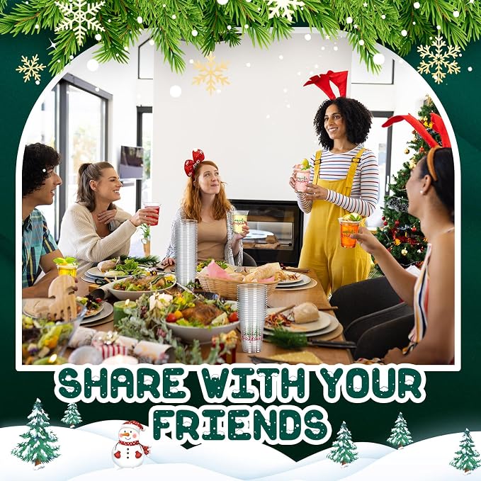 Potchen 50 Pack 12 oz Plastic Merry Friendsmas Cups Disposable Clear Christmas Cups for Christmas Friendsmas Party Decorations Supplies Xmas Holiday Office Home Tableware