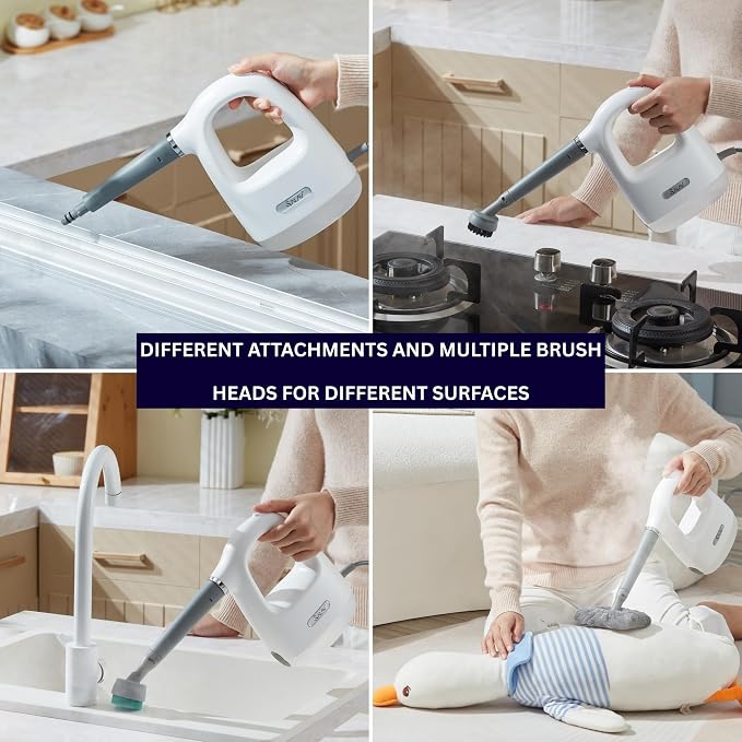 SALAV® CleanSteam Compact Steam Cleaner Pressurized Multi-Surface Handheld Steamer w/11pc Accessories, Safety Lock No-Drip Fast Heat Time Unlimited Use, for Cleaning Windows, Tiles, Grout, Car (White)