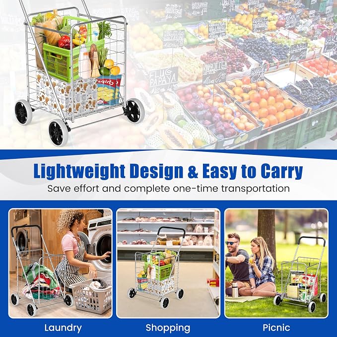 IRONMAX Grocery Shopping Cart, Foldable Heavy Duty Utility Cart w/Large Wheels for Easy Installation and Removal, Lightweight Trolley Cart for Grocery Laundry Luggage (Sliver)