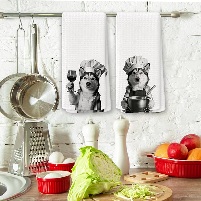 Funny Chef Husky Kitchen Towels Set of 2, Husky Dog Gifts for Women Dish Tea Towels for Kitchen, Dog Mom Lovers Owner Gifts Decorative Hand Towel, 16x24 Inch