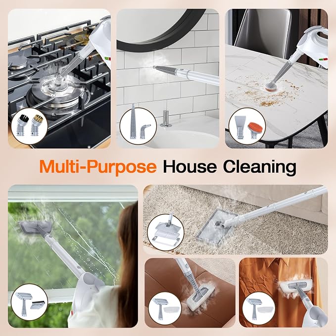 Steam Cleaner for Home, Steam Mop with Detachable Steamer, 320ml Water Tank, 10s Fast Heating, 10-in-1 Handheld Steamer for Cleaning Kitchen, Floor, Tiles, Window, BBQ Grill, Car