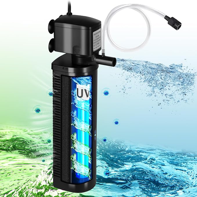 Small Pond Filter for 75-300 Gallon Tank, Aquarium U-V Filter Green Clean Machine Submersible Powerful Pump Canister Filter 600GPH for Fish Turtle Tank Saltwater Freshwater Crystal Clear Green Killing