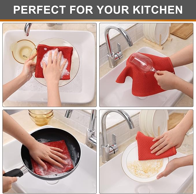 Kitinjoy 100% Cotton Kitchen Dish Cloths (12 X 12 Inches, Brick Red), 6 Pack Waffle Weave Ultra Soft Absorbent Dish Towels for Drying Dishes Quick Drying Kitchen Towels Dish Rags