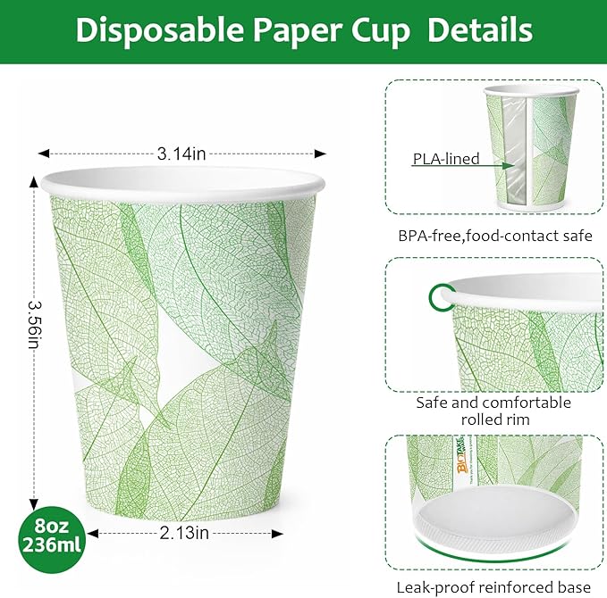 8oz 300Count Compostable Paper Cups, Plant-Based Disposable Coffee Cups with PLA Lining, Perfect for Hot & Cold Drinks, Coffee, Party, Office & Daily Use