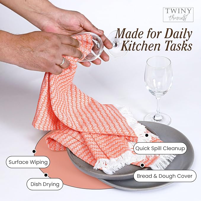TWINY threads Kitchen Dish Towel Chevron Design, Premium Large 100% Cotton Kitchen Linen Set, Dish Rags for Drying Dishes, Absorbent Quick Drying Wash Rags, Pack of 4, 16 x 26 Inch, Orange