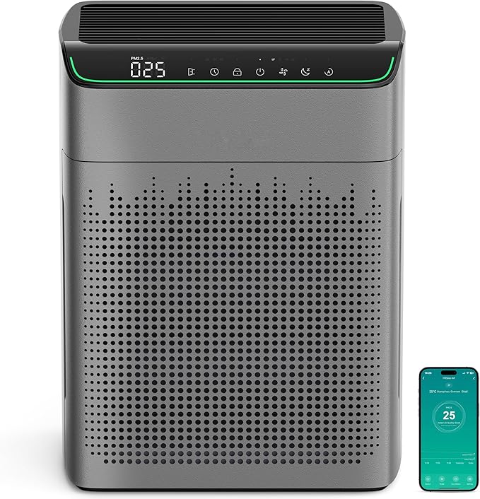 MERONTE Air Purifiers for Home Large Room Up to 1690 ft² with PM 2.5 Air Quality Monitor, Wi-Fi and Alexa compatible, HEPA Filter Double-sided Air Inlet for Smoke and Odor, 1 Pack+2 Pack Filters Grey