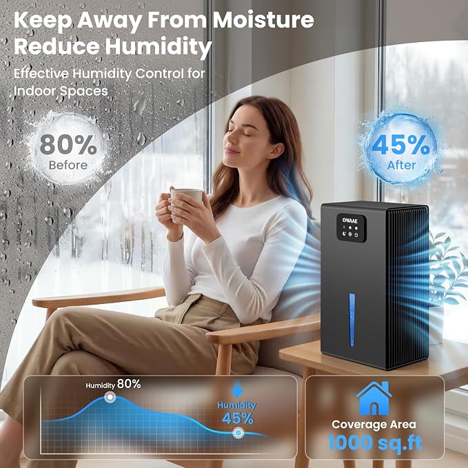 Dehumidifier, 1000 sq.ft Quiet Dehumidifiers for Home Bedroom Basement Bathroom with 95oz Water Tank, Auto Shut-Off, Sleep Mode 7 Colors LED Light, Grey
