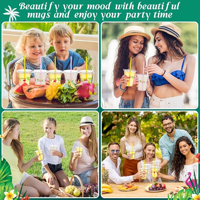 Blushtier 100 Sets 12 oz Clear Disposable Luau Cups with Lids & Straws, Flamingo Disposable Plastic Tropical Beverage Cups for Summer Tiki Party Supplies Birthday Bachelorette Drinkware Decorations