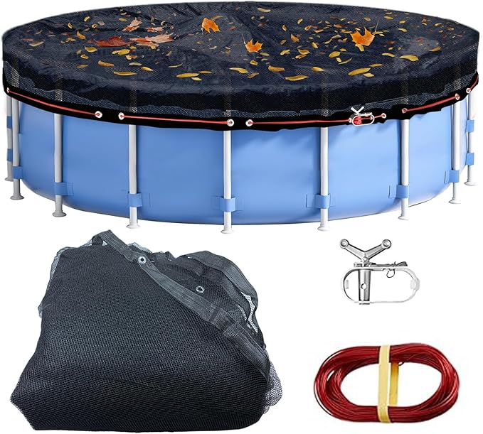 Leaf Cover for Above Ground Pool, Durable Black Mesh Swimming Pool Leaf Net Cover with Winch & Cable for Leaves and Debris for 18 Ft Round Pools (Black, 18 Ft)