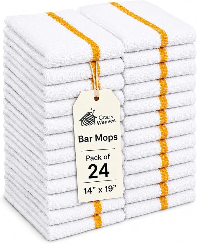 Bar Mops Pack of 24 (14" x 19") - 100% Cotton Cleaning Rags for Housekeeping - Thick, Absorbent, Reusable Bar Towels for Cleaning House & Restaurant - Kitchen Towels Bulk (Yellow Stripe)