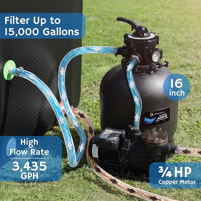 Airthereal AquaMind AM16 Sand Filter Pump for Above Ground Pool, 16" Pool Sand Filter System with Timer, ¾ HP Motor, High-Flow 3,435 GPH, 7-Way Valve, Reliable Motor for Pools Up to 15,000 Gallons