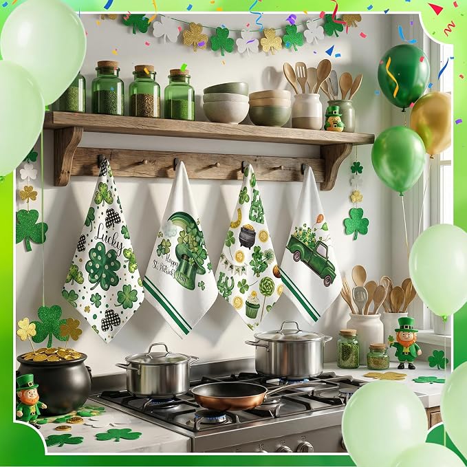 Hahafelt 12 Pcs St. Patrick's Day Kitchen Towels, Easter Hand Towels Seasonal Holiday Valentine's Day Decorative Dish Decor with Truck Shamrocks Bunny Absorbent Soft for Kitchen Bathroom, 16 x 24 Inch