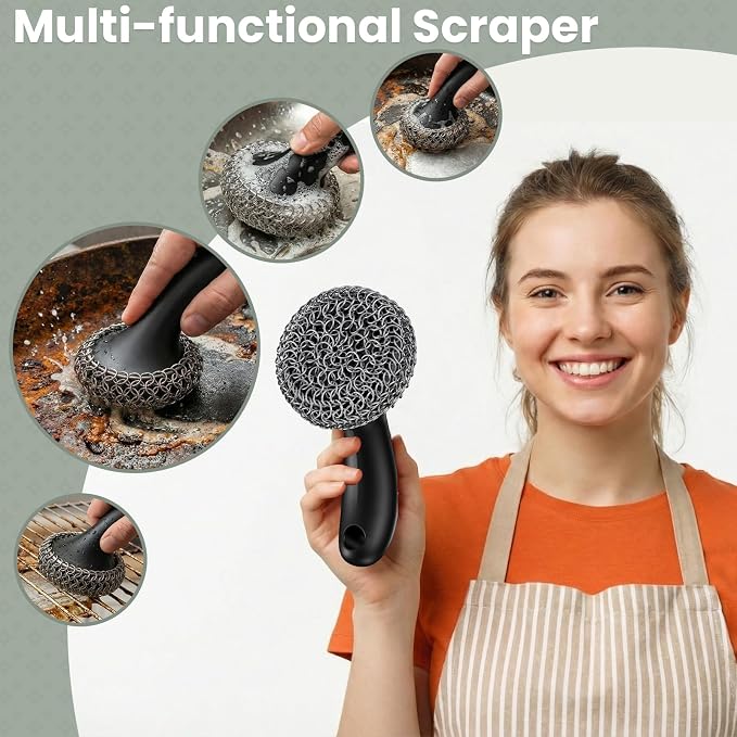 Cast Iron Scrubber & Pan Scraper 10 Pcs with Long Handle | 316 Cast Iron Cleaner Chainmail Scrubber for Cast Iron Pan Skillet Cleaner Non-Slip, Food Safe