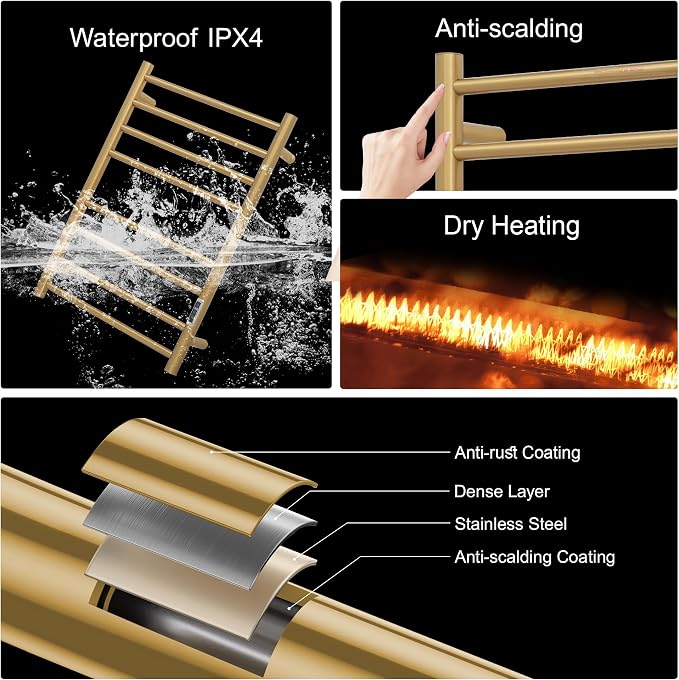 Electric Heated Towel Warmer - Wall Mounted Bathroom Towel Rack, Plug-in Design & Gold Brushed Stainless Steel Finish 8 Bar Gold with Timer & Temperature Control