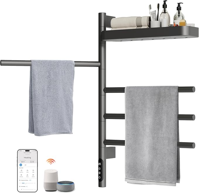 ENZE Smart Rotating Heated Towel Rack for Bathroom, 4-Bar Wall-Mounted Electric Towel Warmer with Swivel Shelf, Wi-Fi App Control, 24H Timer, Stainless Steel, IPX5, Hardwired/Plug-in, Gray