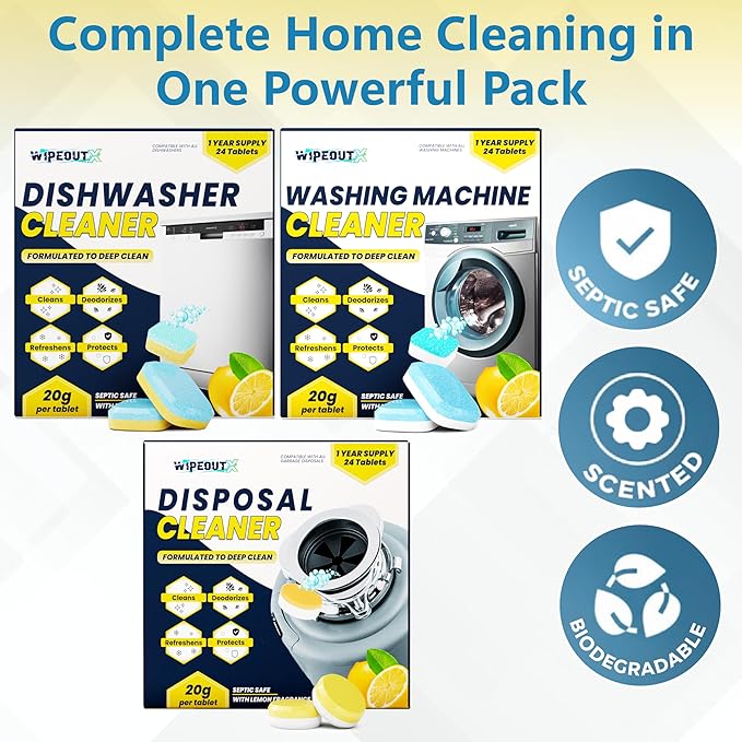 WipeoutX 3-in-1 Appliances Cleaner 72 Tablets Combo (24 Each) Dishwasher Cleaner, Washing Machine Cleaner & Garbage Disposal Cleaner Tablets – Deep Cleaning & Deodorizer