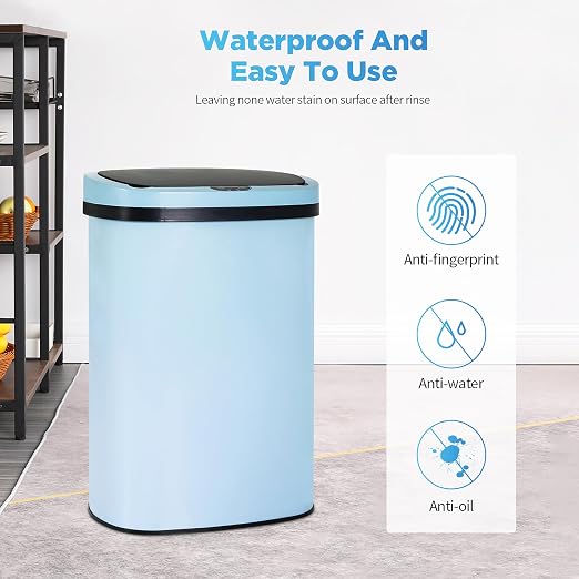 Furniture of America Verbena 13 Gallon Metal Household Trash Can with Motion Sensor Lid for Kitchen, Blue