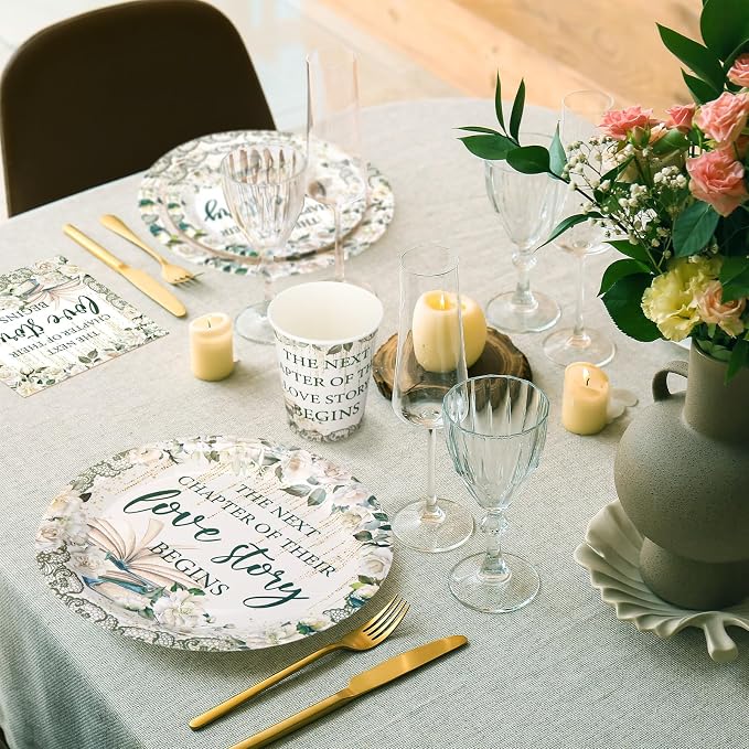 Zhehao 200 Pcs Bridal Shower Party Supplies Engagement Paper Plates Napkins Set for 50 Guests Spring Wedding Party Supplies Wedding Paper Plates with Flower (Next Chapter of Love)