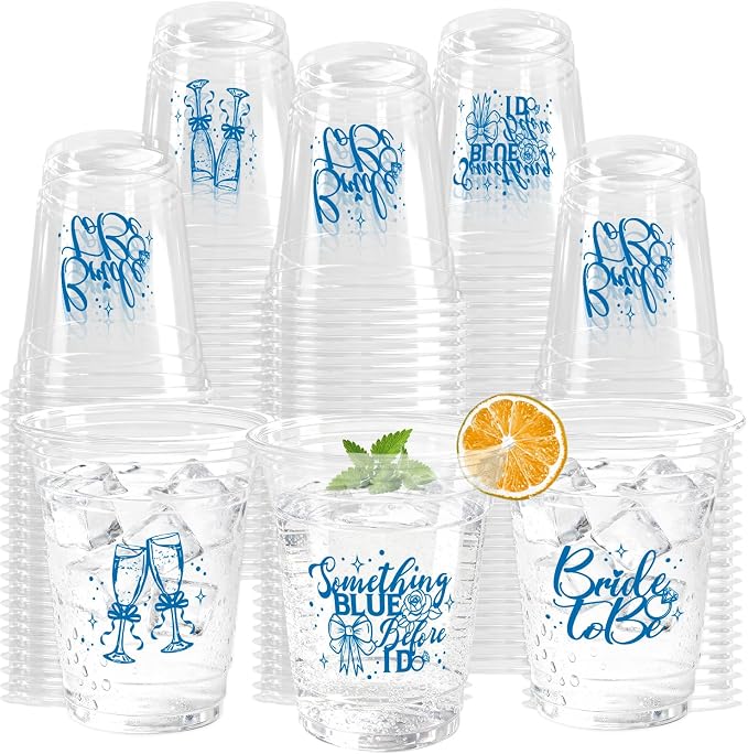 100Pcs Wedding Plastic Cups 12oz Something Blue Before I Do Disposable Clear Plastic Cups, Bridal Shower Theme Party Drinking Cup for Wedding Party Supplies