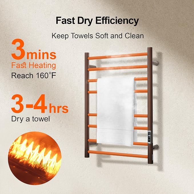 Electric Heated Towel Warmer - Wall Mounted Bathroom Towel Rack, Plug-in Design & Gold Brushed Stainless Steel Finish 8 Bar ORB with Timer & Temperature Control