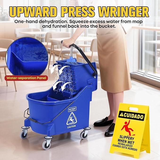 Matthew Cleaning Blue 44Quart Commercial Mop Bucket INCL.Wet String Mop& 19'' Industrial Wet Floor Sign with Side Press Wringer On Wheels,Tandem Portable Floor Cleaning Wavebrake,Ideal for Household