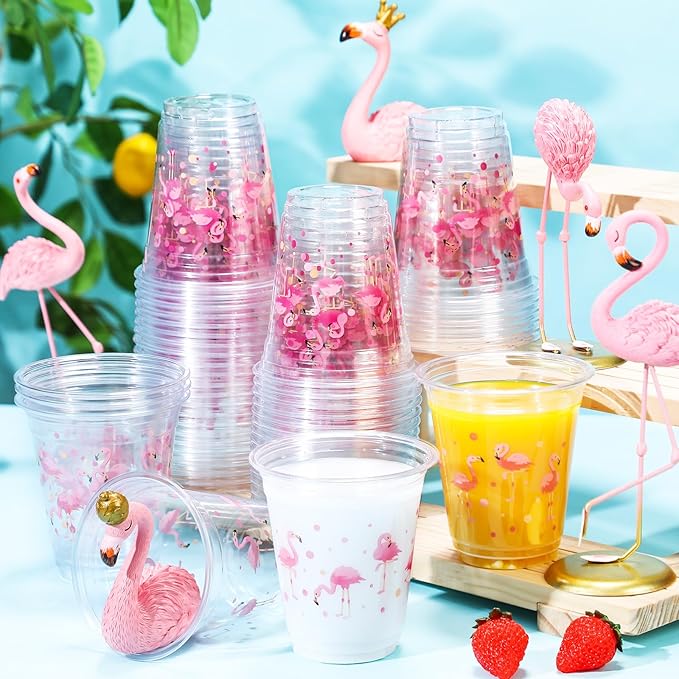 Uiifan 50 Pcs Flamingo Cups Bulk Hawaiian Luau Party Favor 12 oz Disposable Plastic Pink Flamingo Cups Summer Tropical Party Supplies for Let's Flamingle Drinking Beverage Bachelorette Bridal Shower