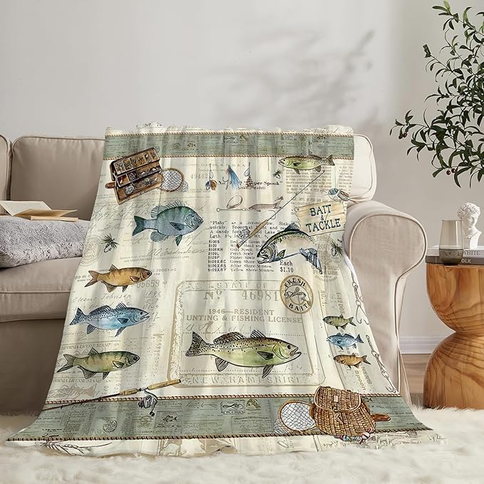 Tijuboni Fishing Throw Blanket Cabin Fishing Gifts for Men Boys Women Girls Adults Kids Soft Flannel Fleece Blanket for Couch Sofa Bed Home Decor 40"x50"