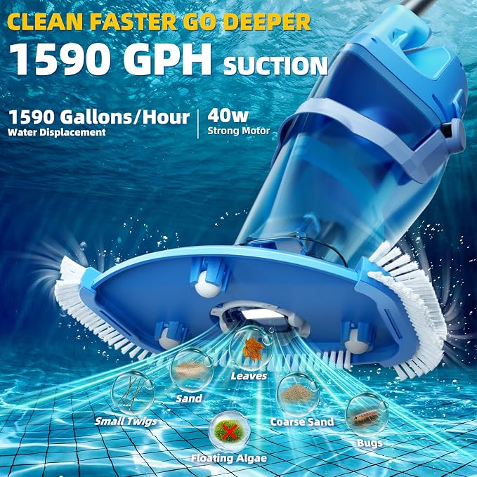 Cordless Pool Vacuum Above & Inground Pools, Powerful 1590 GPH Suction,Handheld Telescopic Pole up to 85.45", 1H Runtime, 2L Debris Bin, Rechargeable Pool Cleaner for Spas & Hot Tubs