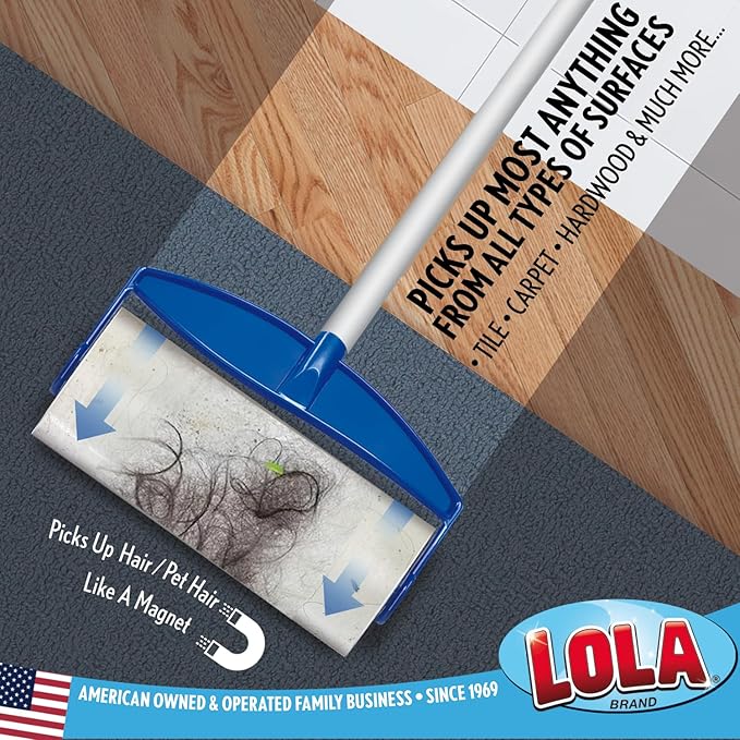 LOLA Rola PET Hair Remover Sticky Mop, Giant Floor Lint Roller, 9" x 3.5", Aluminum Handle, Largest Head, Traps Hair, Dust, Dirt, Extra Sticky Sheets