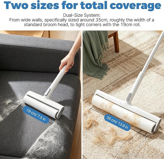 13.8" Large Lint Rollers/7.5" Small Lint Rollers for Pet Hair Extra Sticky,Large Roller with Long Handle for Cleaning Carpets, Clothing,Floors,Couch, Furniture Wall Cleaner Mop Dust Remover (White)