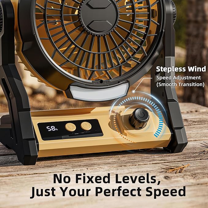 Antarctic Star Portable Camping Fan for Tent, 10000mAh Battery Operated Fan with Night Light, Stepless Speed USB Desk Fan, Quiet Personal Portable Fan with 8H Timer, Hanging Hook for Outdoor, Yellow