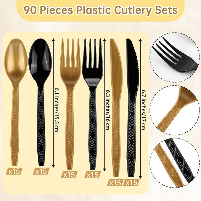Kochorie 90 Pieces Graduation Party Plastic Cutlery Set Black and Gold Disposable Plastic Utensils Heavy Duty Flatware Set Include 30 Knives 30 Forks 30 Spoons for Graduation Wedding Birthday Party
