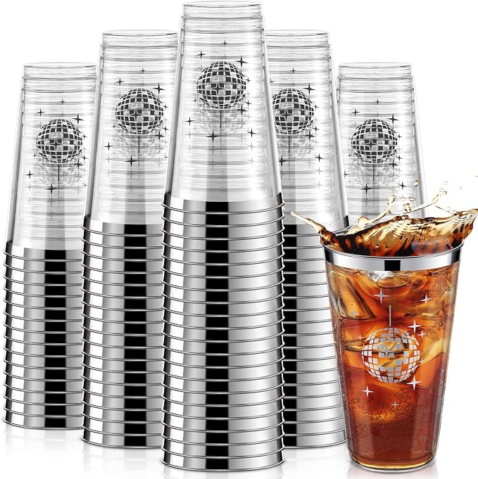 Funtery Disco Ball Cups Bulk 16oz Disposable Disco Plastic Cups Supplies 70s 80s 90s Party Hot and Cold Drinks for Bachelorette Wedding Picnic Supplies(100 Pcs)