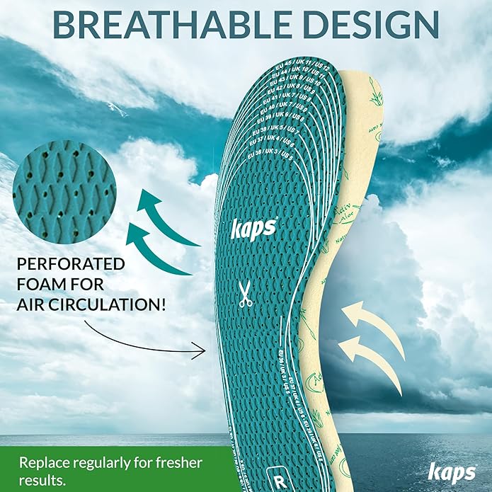 Kaps Adult Insoles with Shoe Odour Eliminator – Ultrafresh Shoe Insoles for Women & Men – Soothing Aloe-Infused for Boots, Sneakers, & Formalwear – Shoe Fresheners & Insoles