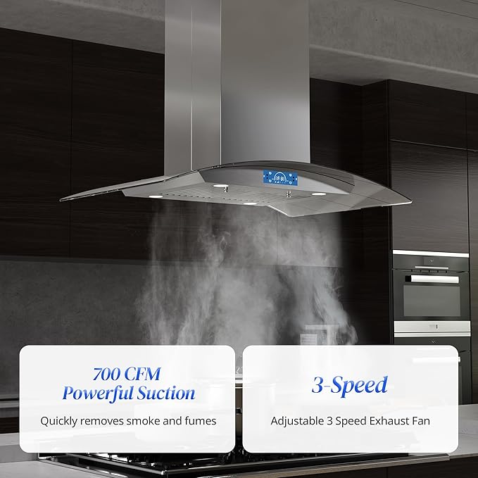 FIREGAS Island Range Hood 36 inch 700 CFM, Island Mount Kitchen Vent Hood with Tempered Glass, 4 LED Lights, 3 Speed Fan,Touch Control,Permanent Filter,Charcoal Filter, Stainless Steel,Ceiling Mount