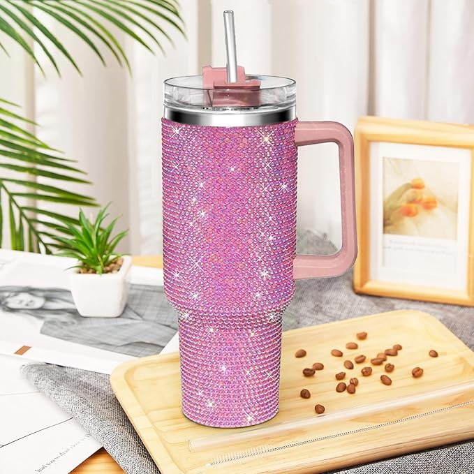 HWISDMIG 40oz Tumbler with Handle-Glitter Rhinestones Tumbler Bling Cups Stainless Steel Water Bottle Diamond Studded Tumbler for Women-Birthday Gifts for Women, Mom, Wife, Girlfriend (40 oz, Pink)