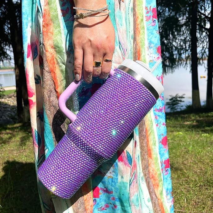 40oz Bling Tumbler with Handle and Straw Lid Rhinestone Studded Tumbler Cups Vacuum Insulated Stainless Steel Double Wall Water Bottle Travel Mug Gifts for Women Her (Purple)