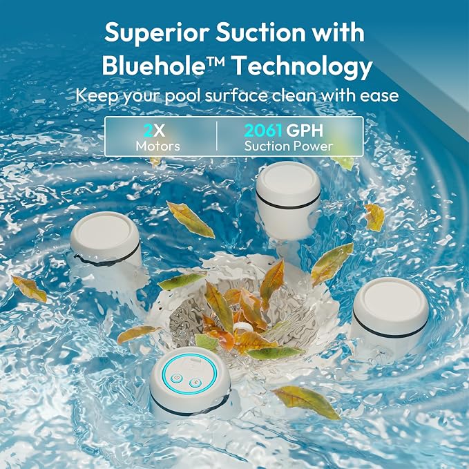 (2026 New) BUBLUE F10 Pool Surface Skimmer Robot,Robotic Pool Skimmer with App Control,Powerful Suction,5L Filter,Dual Cleaning Modes, AI Navigation,Ideal for In-Ground & Above-Ground Pools,White