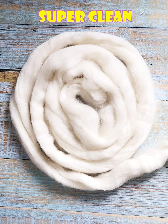 T.F GHG 1LB 100% Natural Wool Roving, Super Clean Wool Filler for Stuffing, Needle Felting, Blending, Batting, Hand Spinning DIY Project, Pillow and Dryer Balls, Natural White, Un-Dyed, Ecru,58S Wool